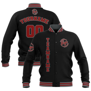 Chaquetas universitarias impermeables personalizadas en negro-rojo y gris con nombre-número y logotipo bordados