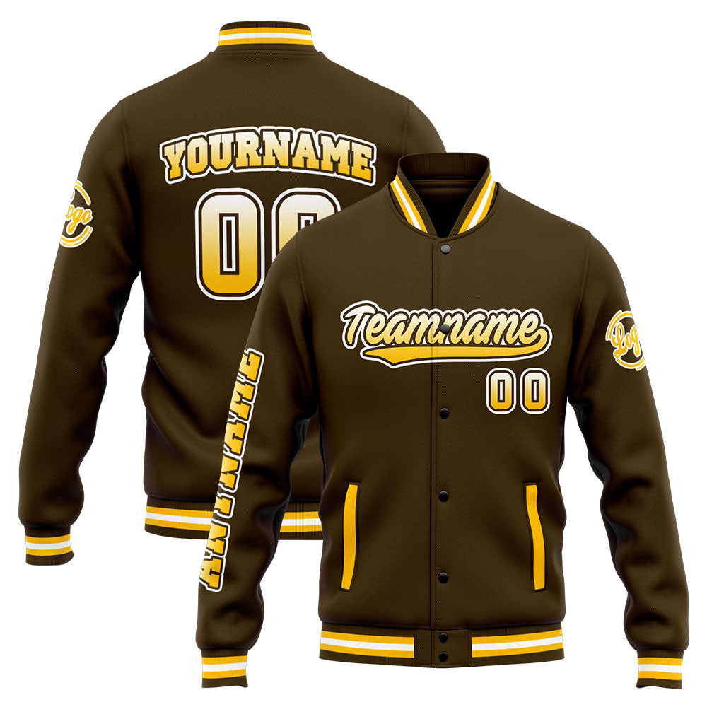 Chaqueta universitaria personalizada estilo Letterman para hombres-mujeres y jóvenes-color marrón y amarillo