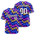 Dise?o personalizado de camiseta de béisbol con estampado completo en morado azul y amarillo
