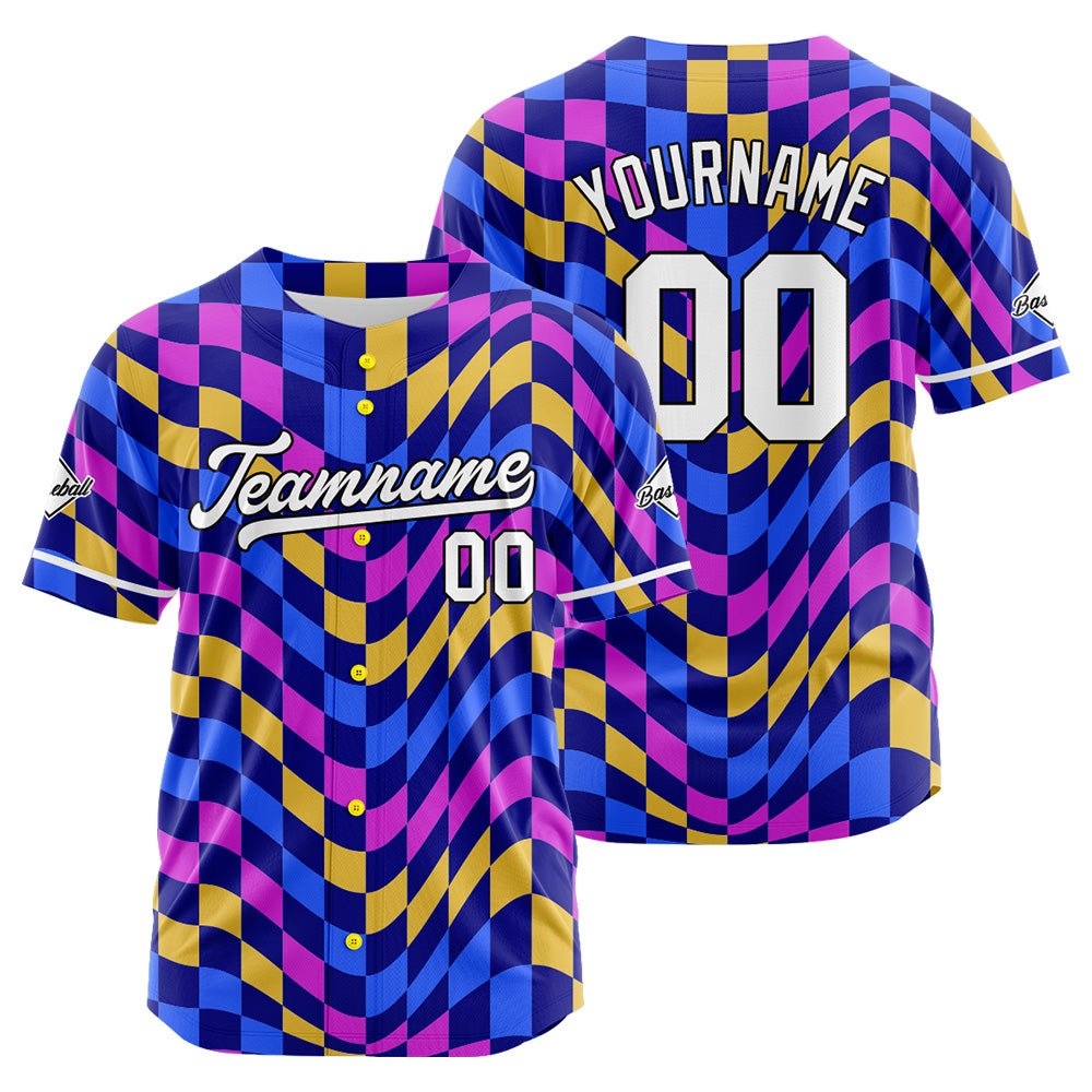 Dise?o personalizado de camiseta de béisbol con estampado completo en morado azul y amarillo