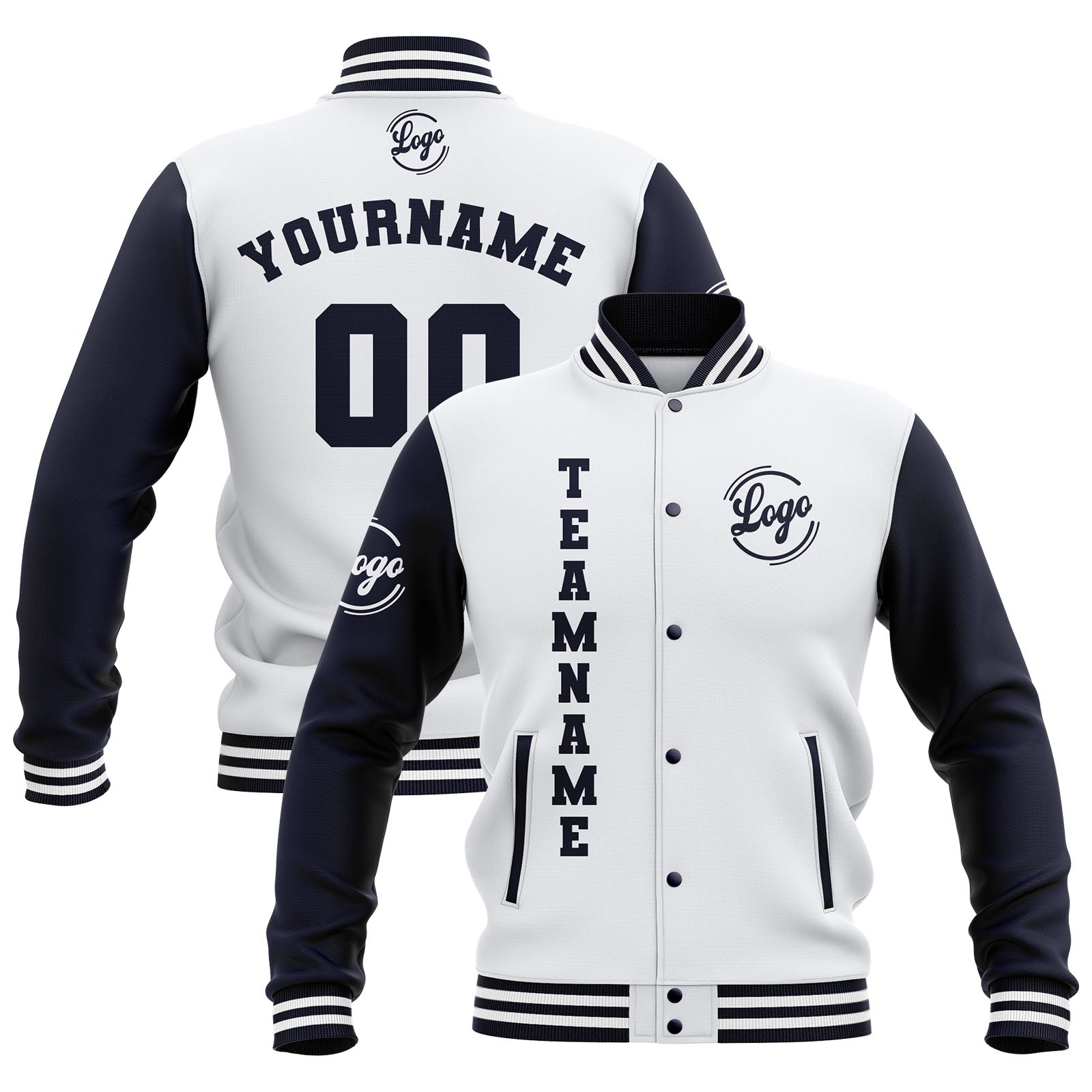 Chaquetas universitarias impermeables blancas y azul marino personalizadas con nombre-número y logotipo bordados a medida