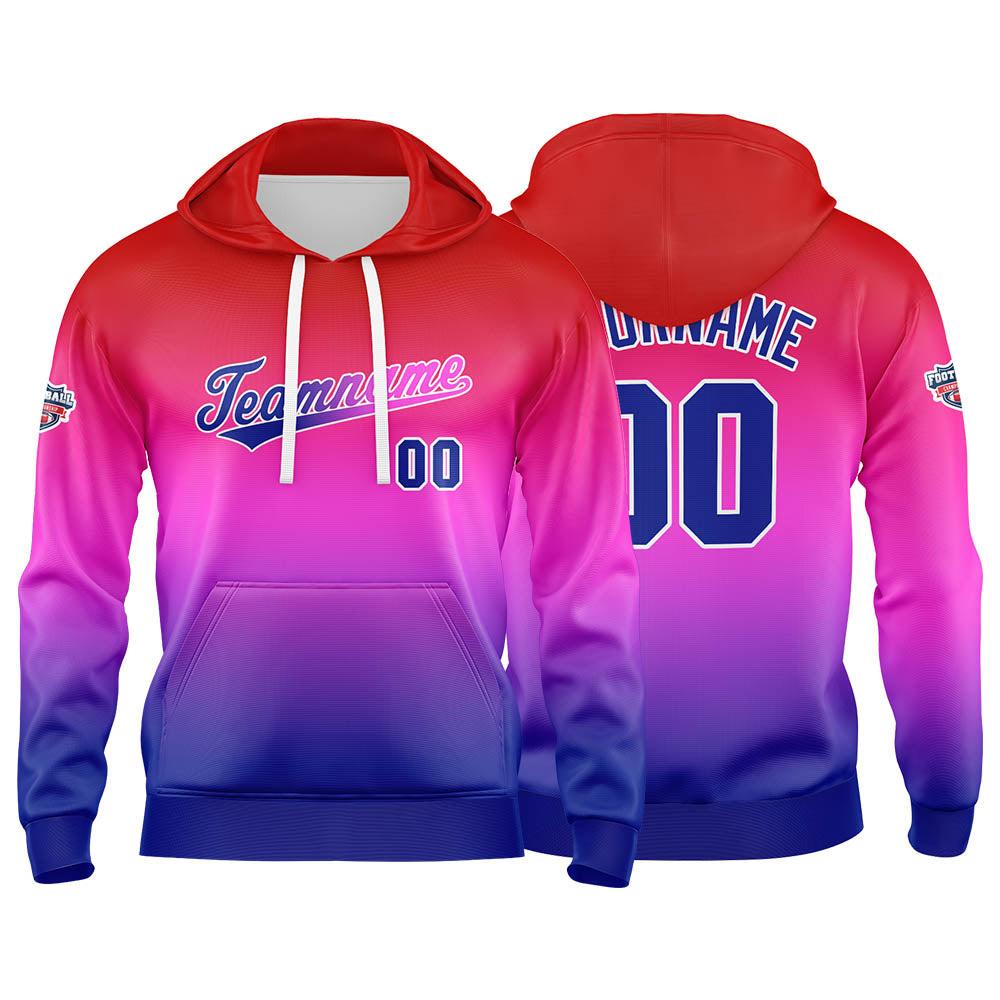 Sudadera con capucha personalizada con degradado para hombre-mujer-niña o niño Estampa tu logotipo-nombre o número en rojo-morado y azul