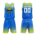 Uniforme de baloncesto personalizado azul y amarillo con tu logotipo-nombre y número impresos