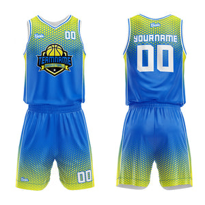 Uniforme de baloncesto personalizado azul y amarillo con tu logotipo-nombre y número impresos