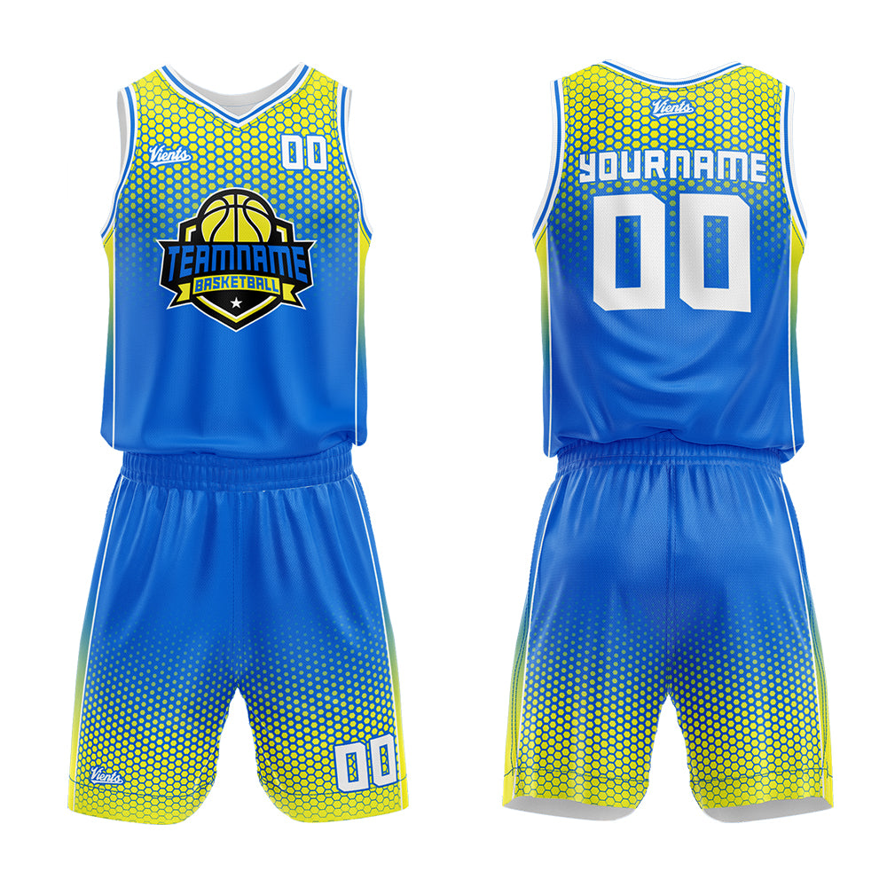 Uniforme de baloncesto personalizado azul y amarillo con tu logotipo-nombre y número impresos