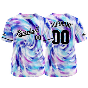 Camiseta de béisbol con dise?o personalizado estampado completo color morado y azul