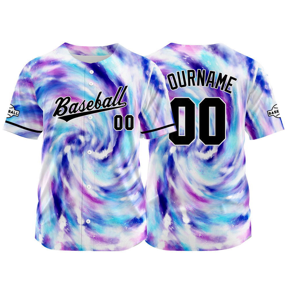 Camiseta de béisbol con dise?o personalizado estampado completo color morado y azul