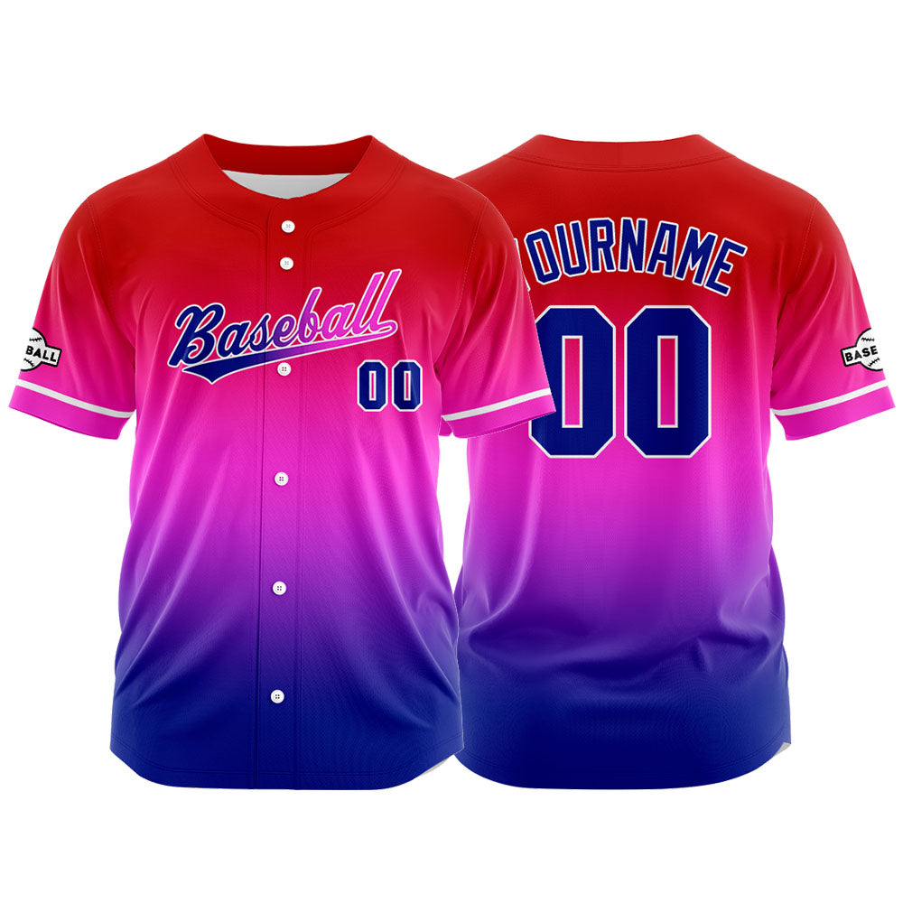 Camiseta de béisbol con dise?o personalizado estampado completo en azul marino morado y rojo