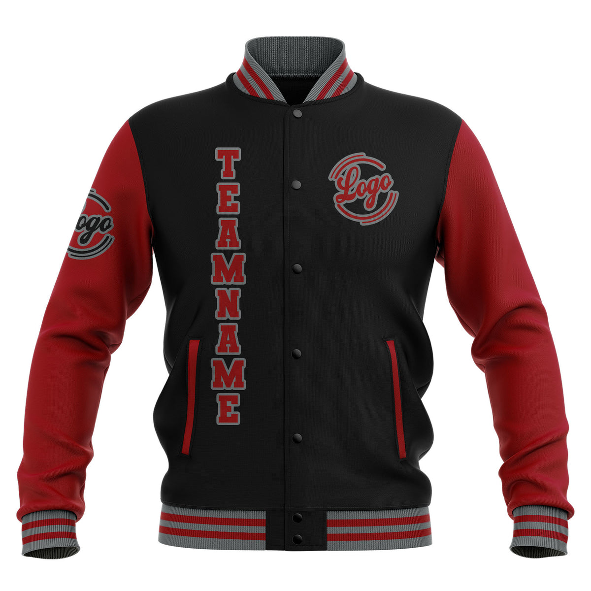 Chaquetas universitarias impermeables personalizadas en negro-rojo y gris con nombre-número y logotipo bordados