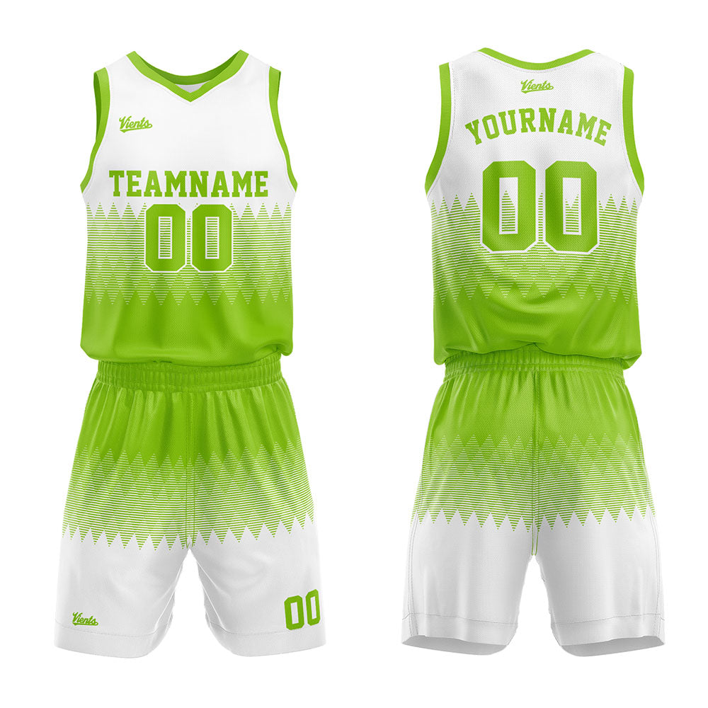 Uniforme de baloncesto personalizado verde y blanco con tu logotipo-nombre y número impresos