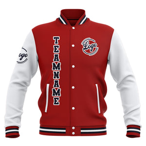 Chaquetas universitarias impermeables personalizadas en rojo-blanco y azul marino con nombre-número y logotipo bordados a medida