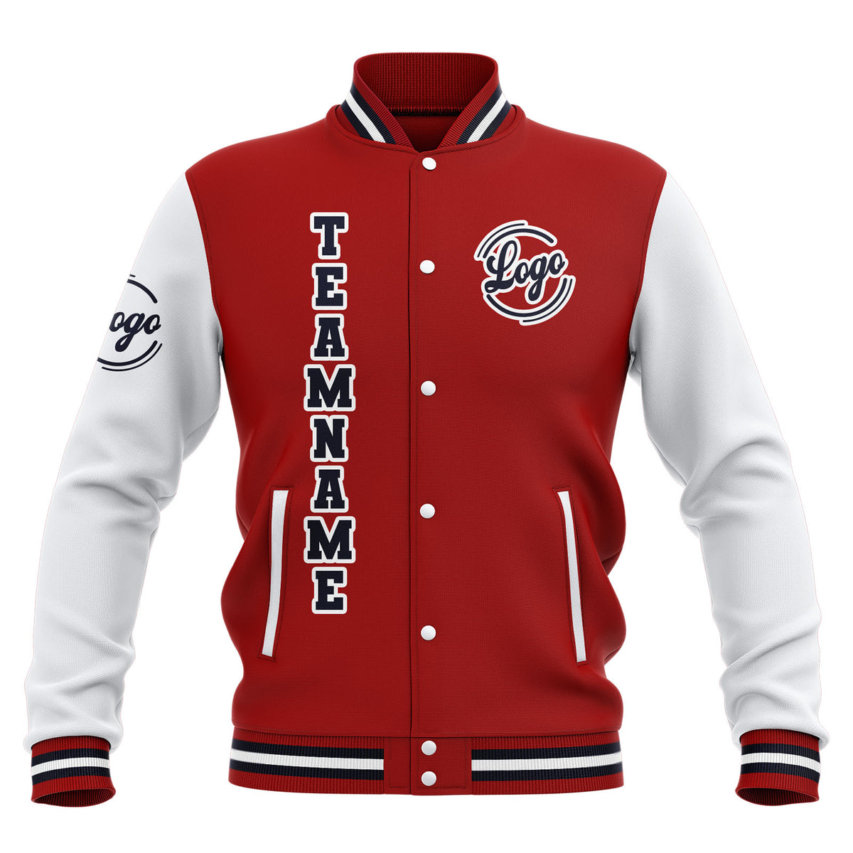Chaquetas universitarias impermeables personalizadas en rojo-blanco y azul marino con nombre-número y logotipo bordados a medida