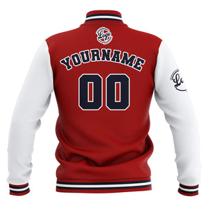 Chaquetas universitarias impermeables personalizadas en rojo-blanco y azul marino con nombre-número y logotipo bordados a medida