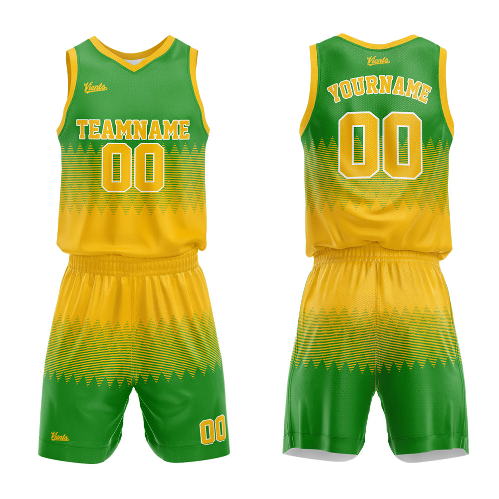 Uniforme de baloncesto personalizado amarillo y verde con tu logotipo-nombre y número impresos