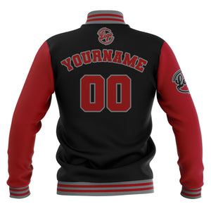 Chaquetas universitarias impermeables personalizadas en negro-rojo y gris con nombre-número y logotipo bordados