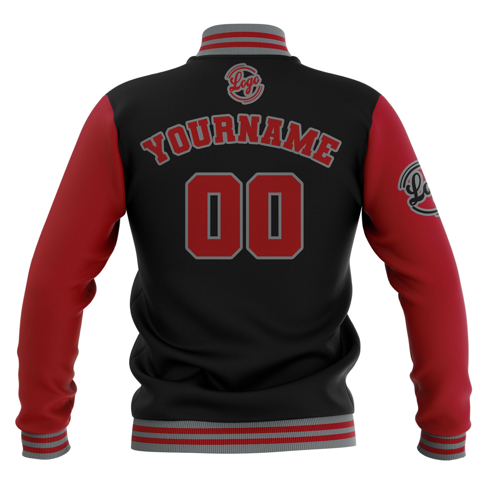 Chaquetas universitarias impermeables personalizadas en negro-rojo y gris con nombre-número y logotipo bordados