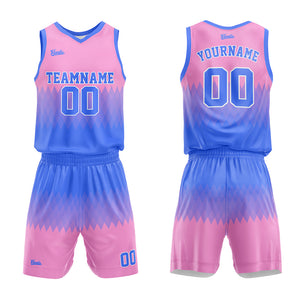Uniforme de baloncesto personalizado azul y rosa con tu logotipo-nombre y número impresos