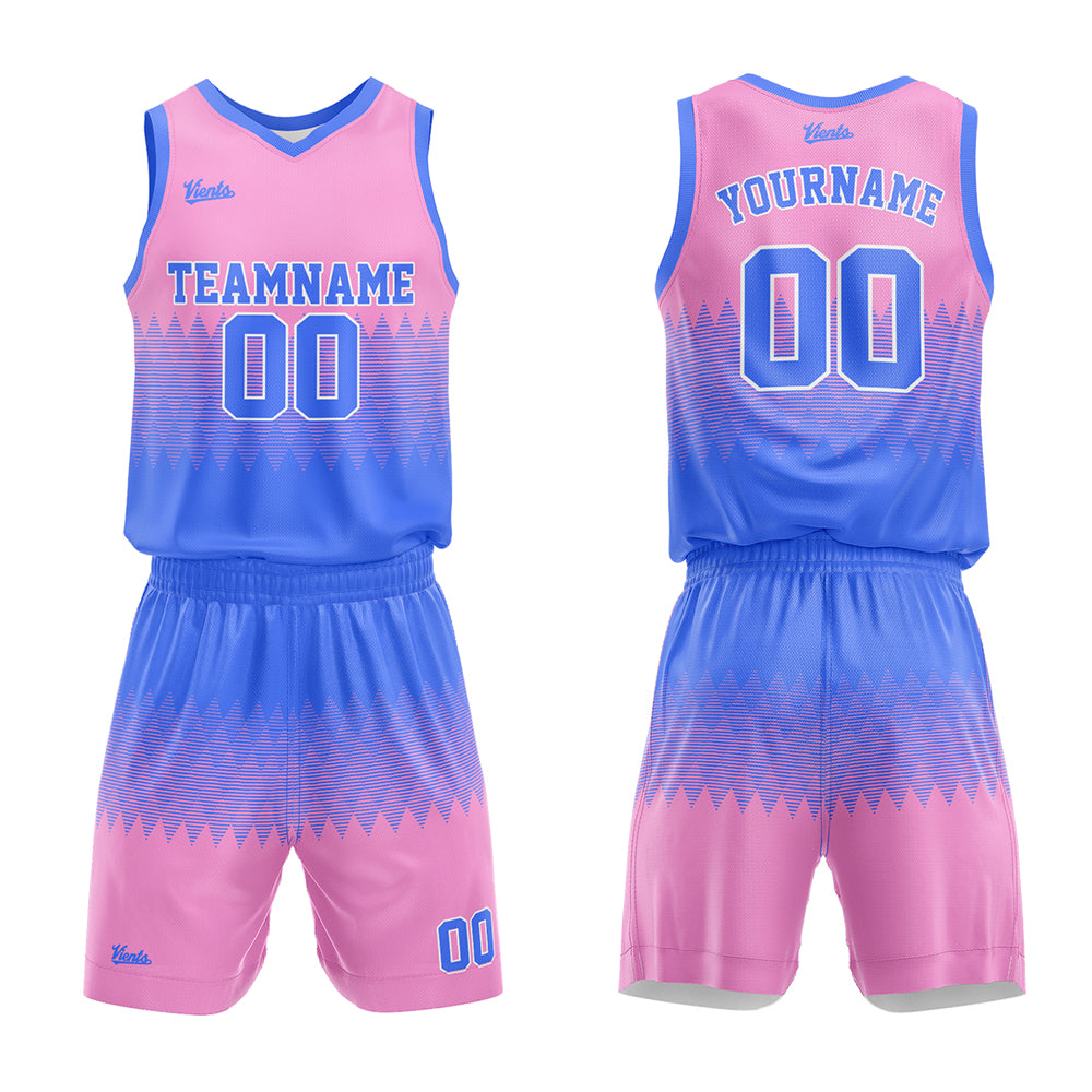 Uniforme de baloncesto personalizado azul y rosa con tu logotipo-nombre y número impresos