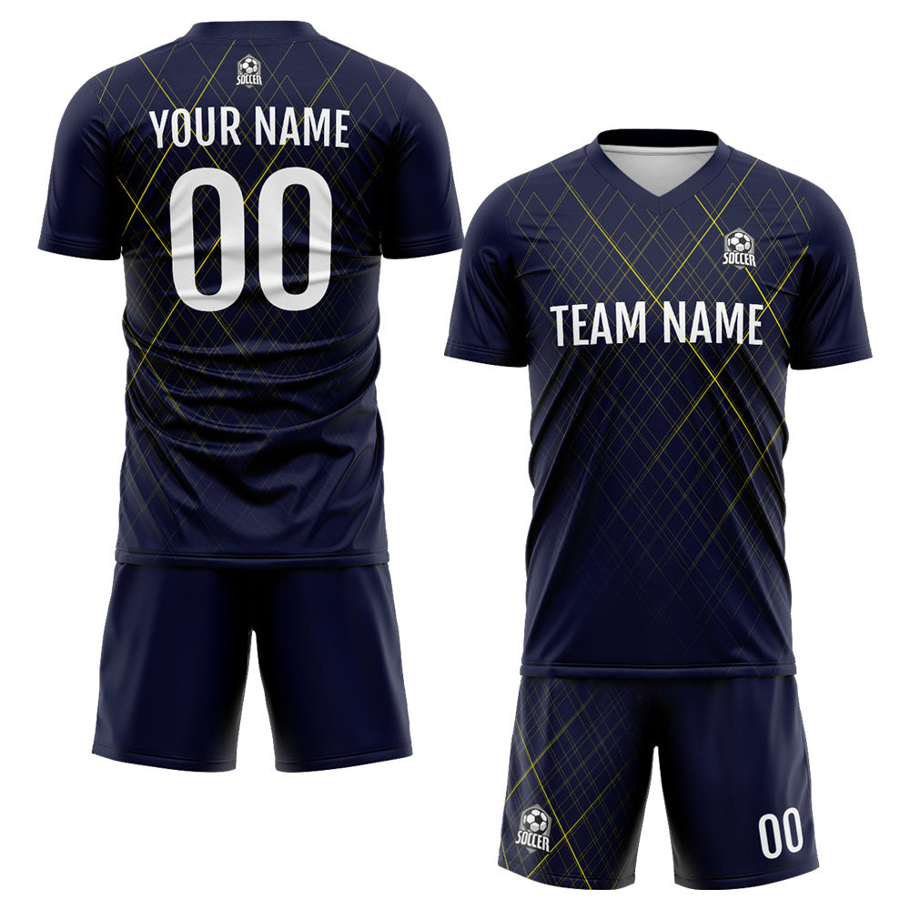 Uniforme de fútbol personalizado para niños y adultos & camiseta azul marino y amarilla