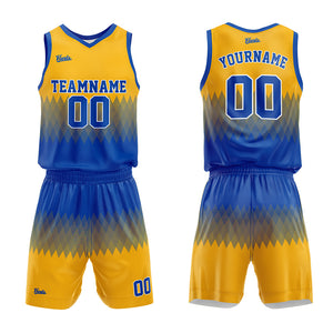 Uniforme de baloncesto personalizado azul y amarillo con tu logotipo-nombre y número impresos