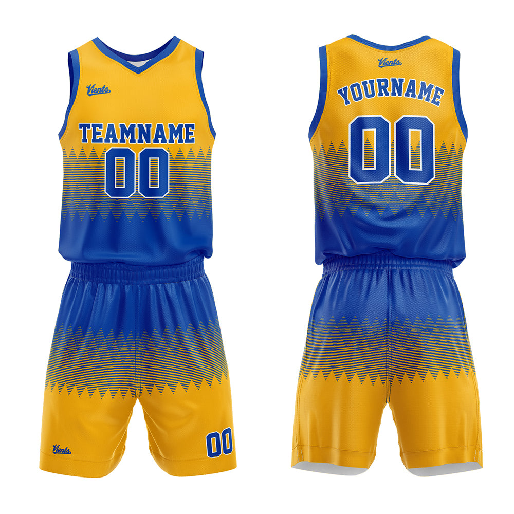 Uniforme de baloncesto personalizado azul y amarillo con tu logotipo-nombre y número impresos