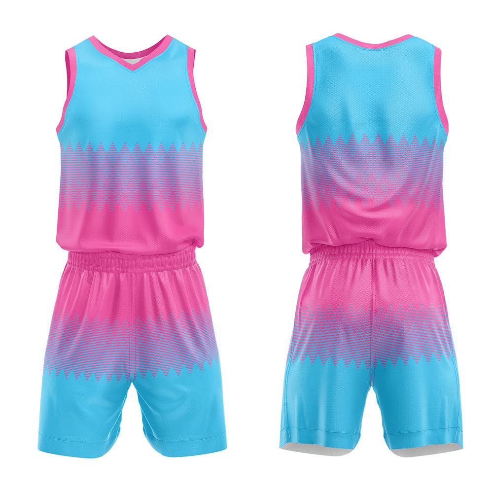 Uniforme de baloncesto personalizado rosa y azul claro con tu logotipo-nombre y número impresos