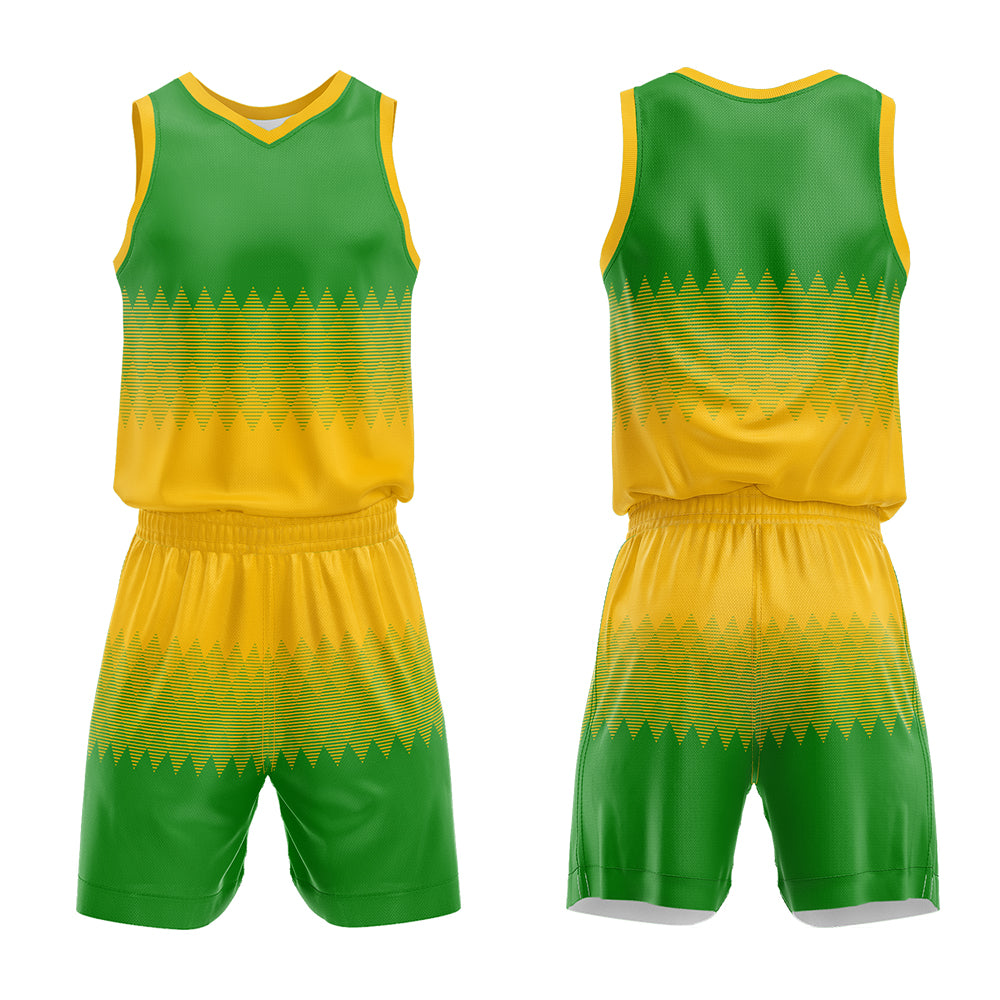 Uniforme de baloncesto personalizado amarillo y verde con tu logotipo-nombre y número impresos