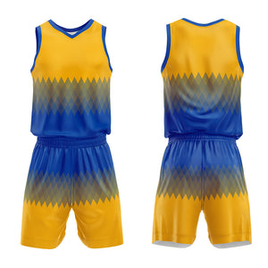 Uniforme de baloncesto personalizado azul y amarillo con tu logotipo-nombre y número impresos