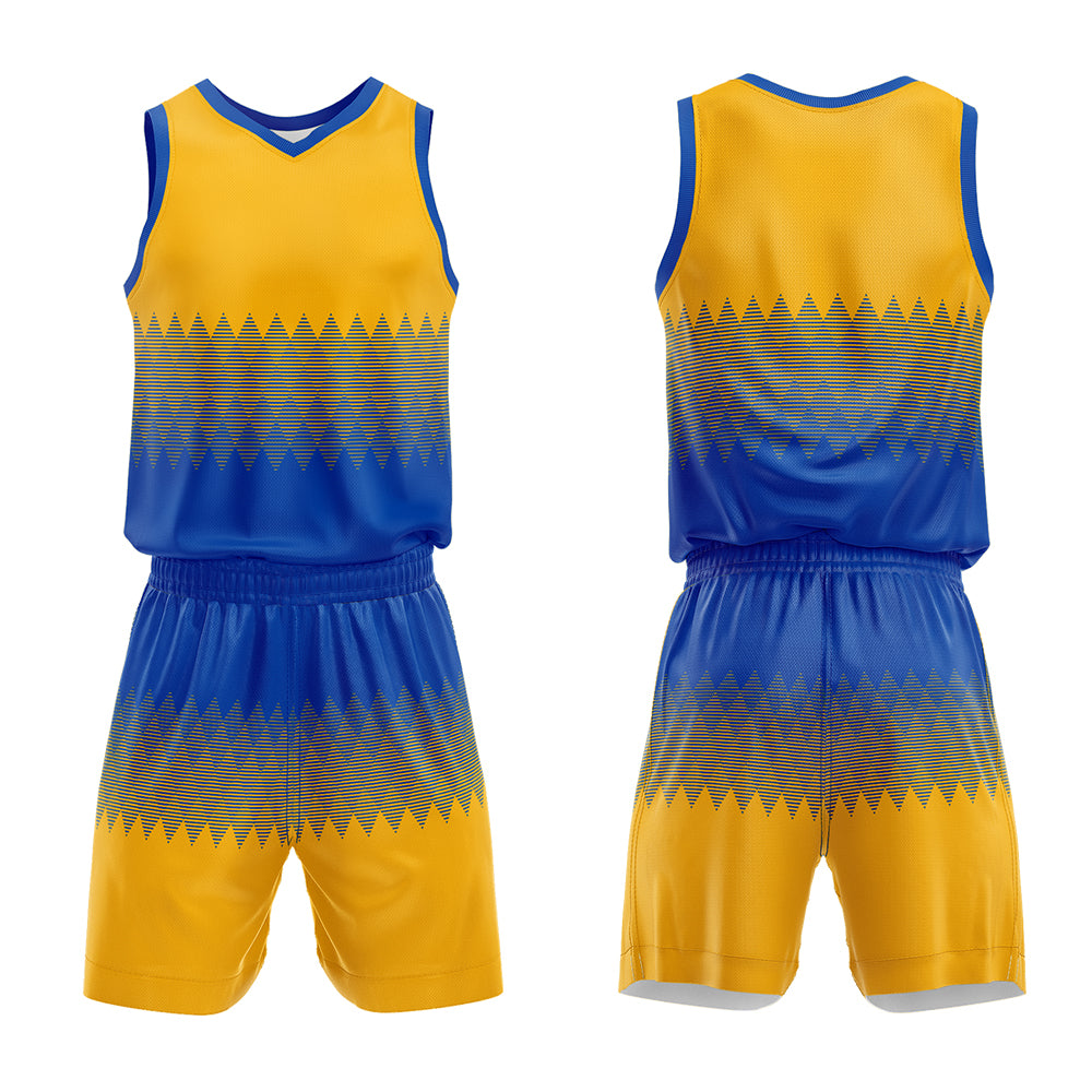 Uniforme de baloncesto personalizado azul y amarillo con tu logotipo-nombre y número impresos
