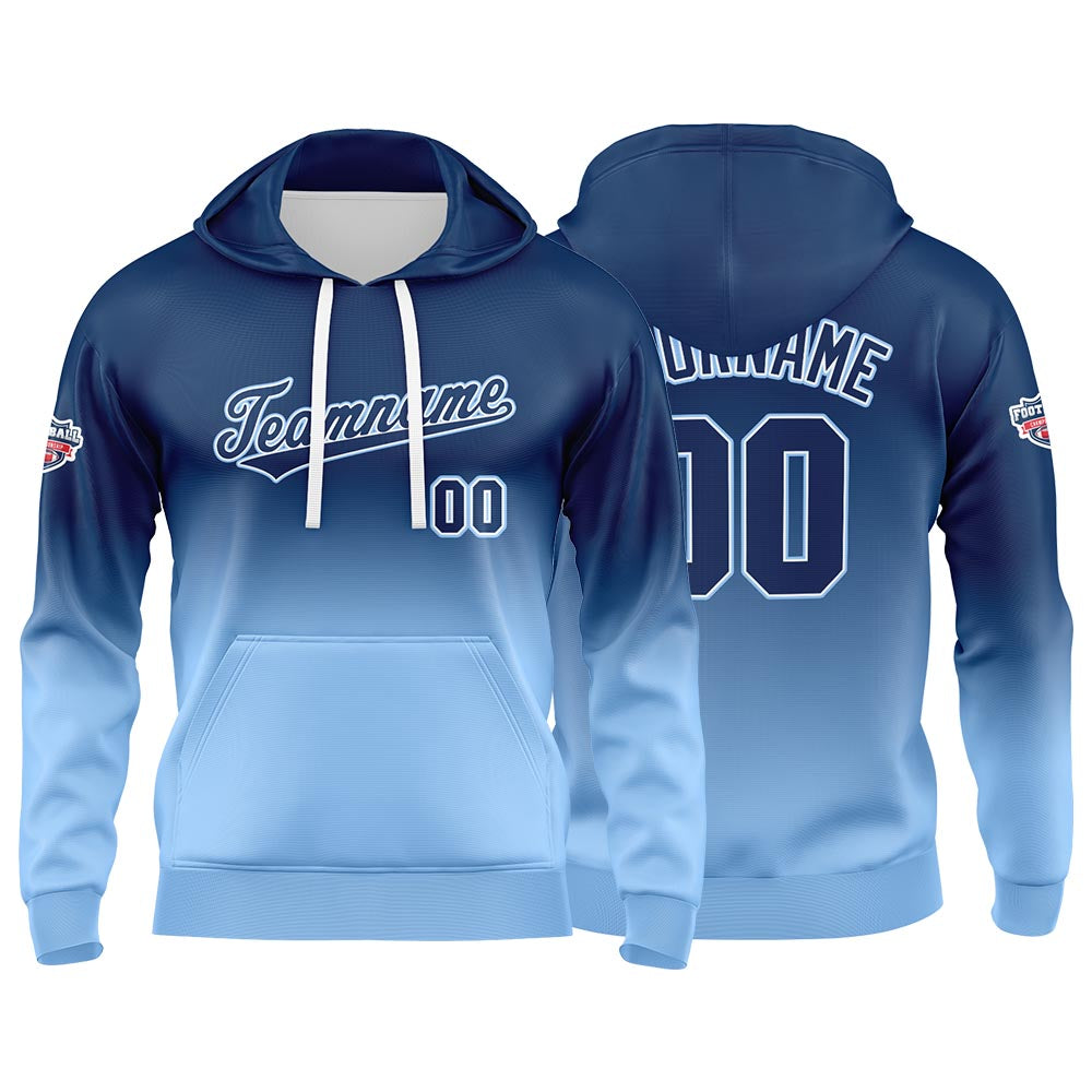Sudadera con capucha personalizada con degradado para hombre-mujer-niña o niño Estampa tu logotipo-nombre o número en azul marino y azul claro
