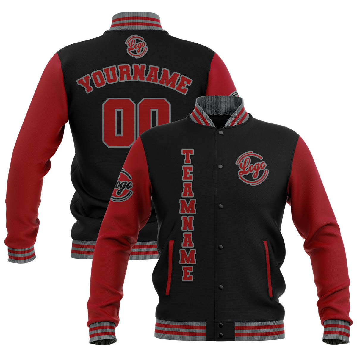 Chaquetas universitarias impermeables personalizadas en negro-rojo y gris con nombre-número y logotipo bordados