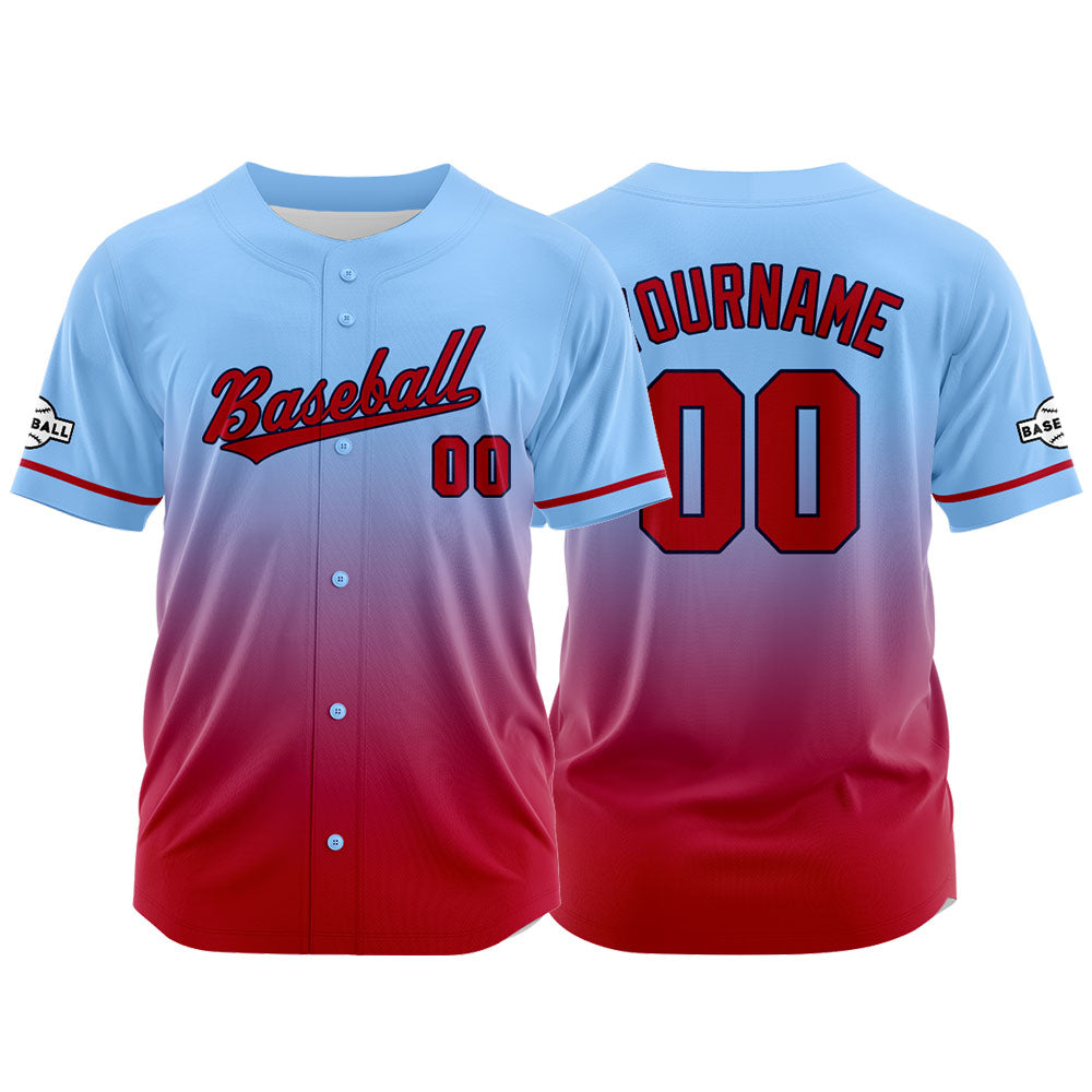 Dise?o personalizado de camiseta de béisbol con estampado completo en rojo y azul claro