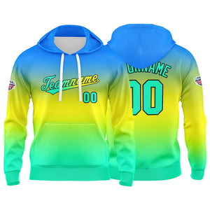 Sudadera con capucha personalizada con degradado para hombre-mujer-niña o niño Estampa tu logotipo-nombre o número en azul-amarillo y verde