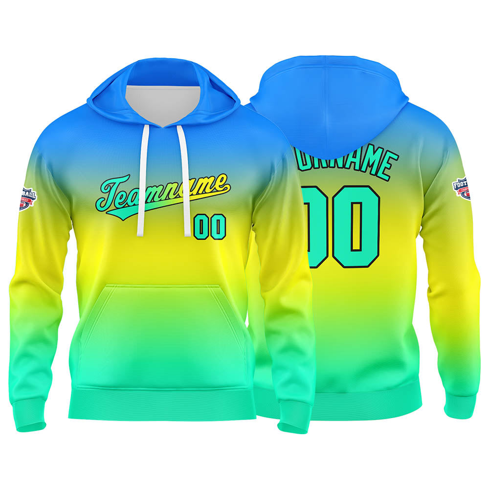 Sudadera con capucha personalizada con degradado para hombre-mujer-niña o niño Estampa tu logotipo-nombre o número en azul-amarillo y verde