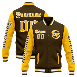 Chaqueta universitaria personalizada estilo Letterman para hombres-mujeres y jóvenes-color marrón y amarillo