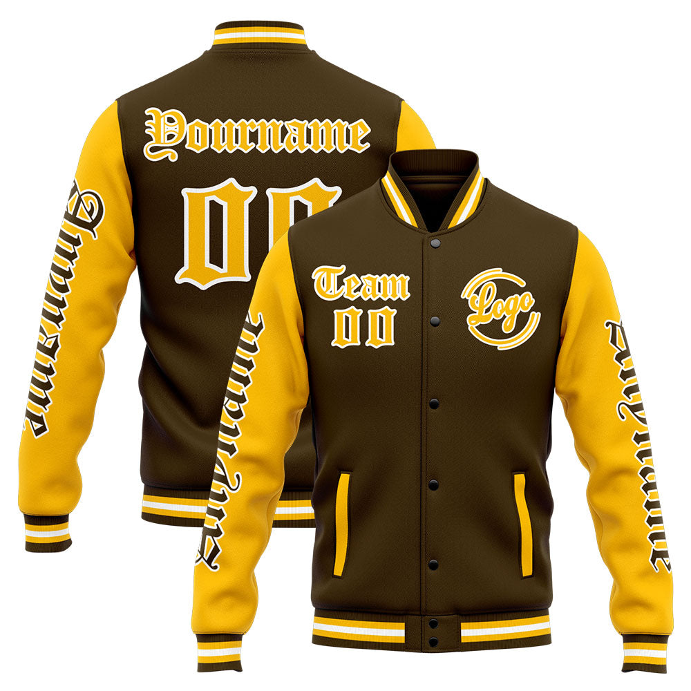 Chaqueta universitaria personalizada estilo Letterman para hombres-mujeres y jóvenes-color marrón y amarillo