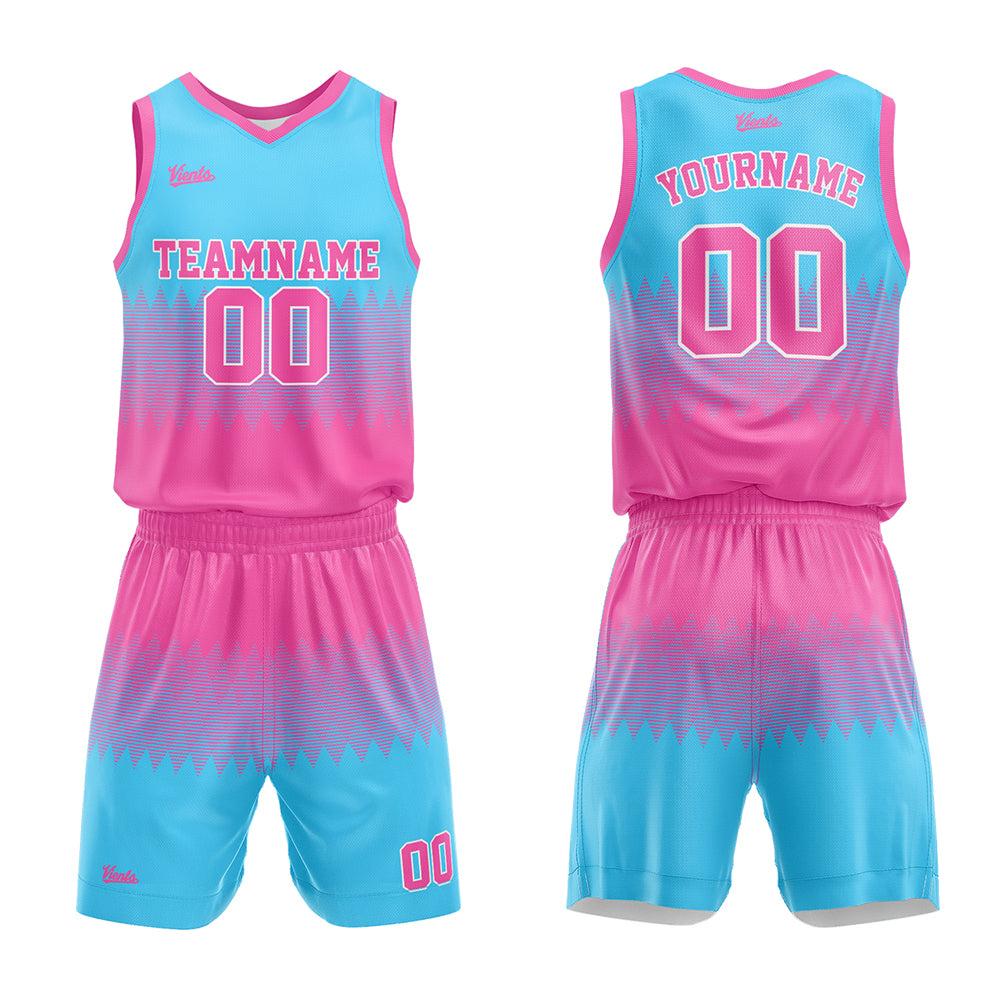 Uniforme de baloncesto personalizado rosa y azul claro con tu logotipo-nombre y número impresos