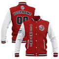 Chaquetas universitarias impermeables personalizadas en rojo-blanco y azul marino con nombre-número y logotipo bordados a medida