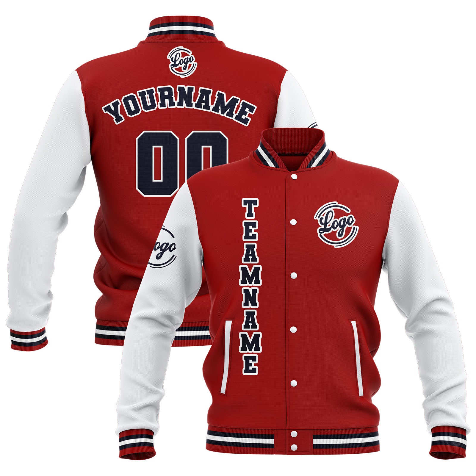 Chaquetas universitarias impermeables personalizadas en rojo-blanco y azul marino con nombre-número y logotipo bordados a medida