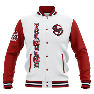 Chaquetas universitarias impermeables personalizadas en blanco-rojo y azul marino con nombre-número y logotipo bordados