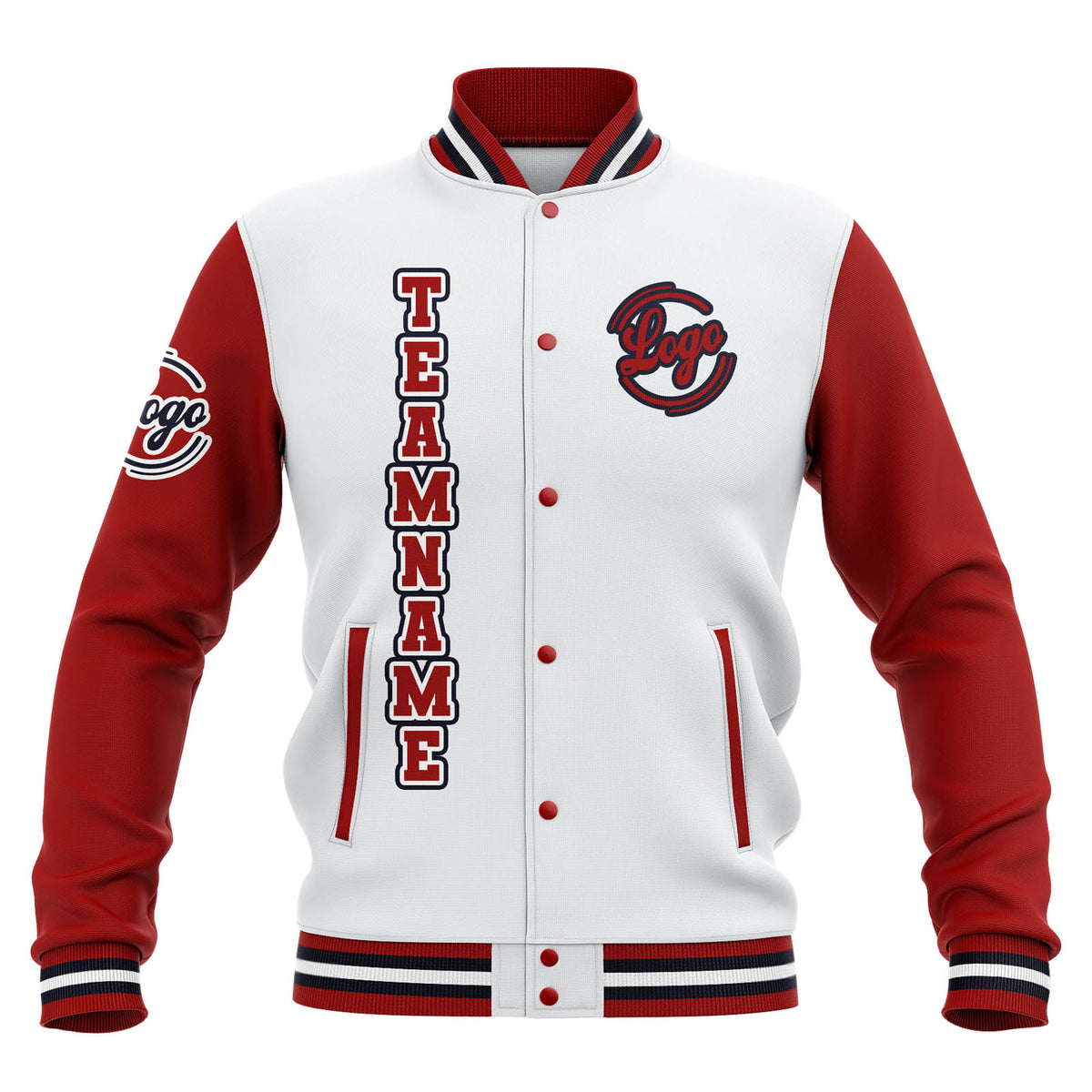 Chaquetas universitarias impermeables personalizadas en blanco-rojo y azul marino con nombre-número y logotipo bordados