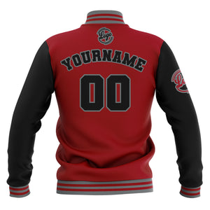 Chaquetas universitarias impermeables personalizadas en negro-rojo y gris con nombre-número y logotipo bordados