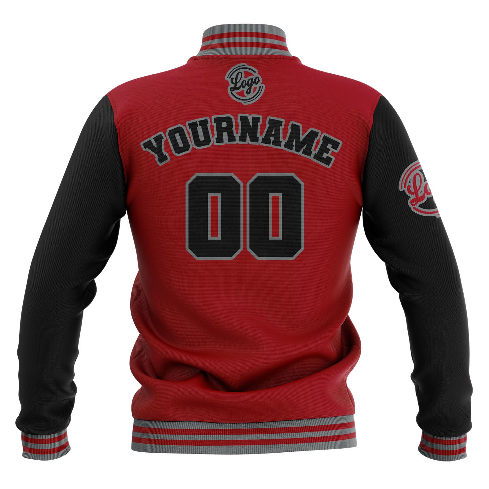 Chaquetas universitarias impermeables personalizadas en negro-rojo y gris con nombre-número y logotipo bordados