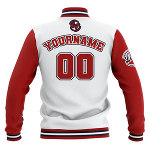 Chaquetas universitarias impermeables personalizadas en blanco-rojo y azul marino con nombre-número y logotipo bordados