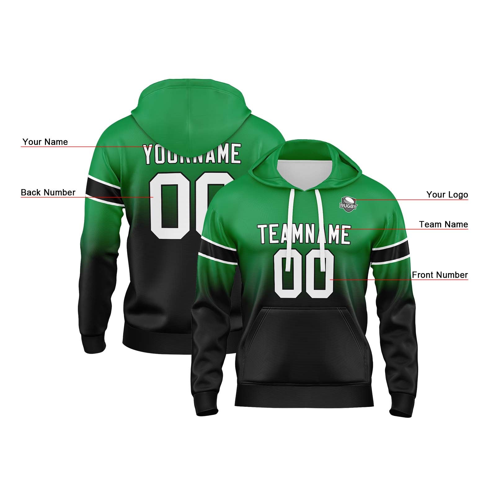 Sudadera con capucha personalizada con degradado para hombre-mujer-niña o niño Estampa tu logotipo-nombre y número en verde y negro