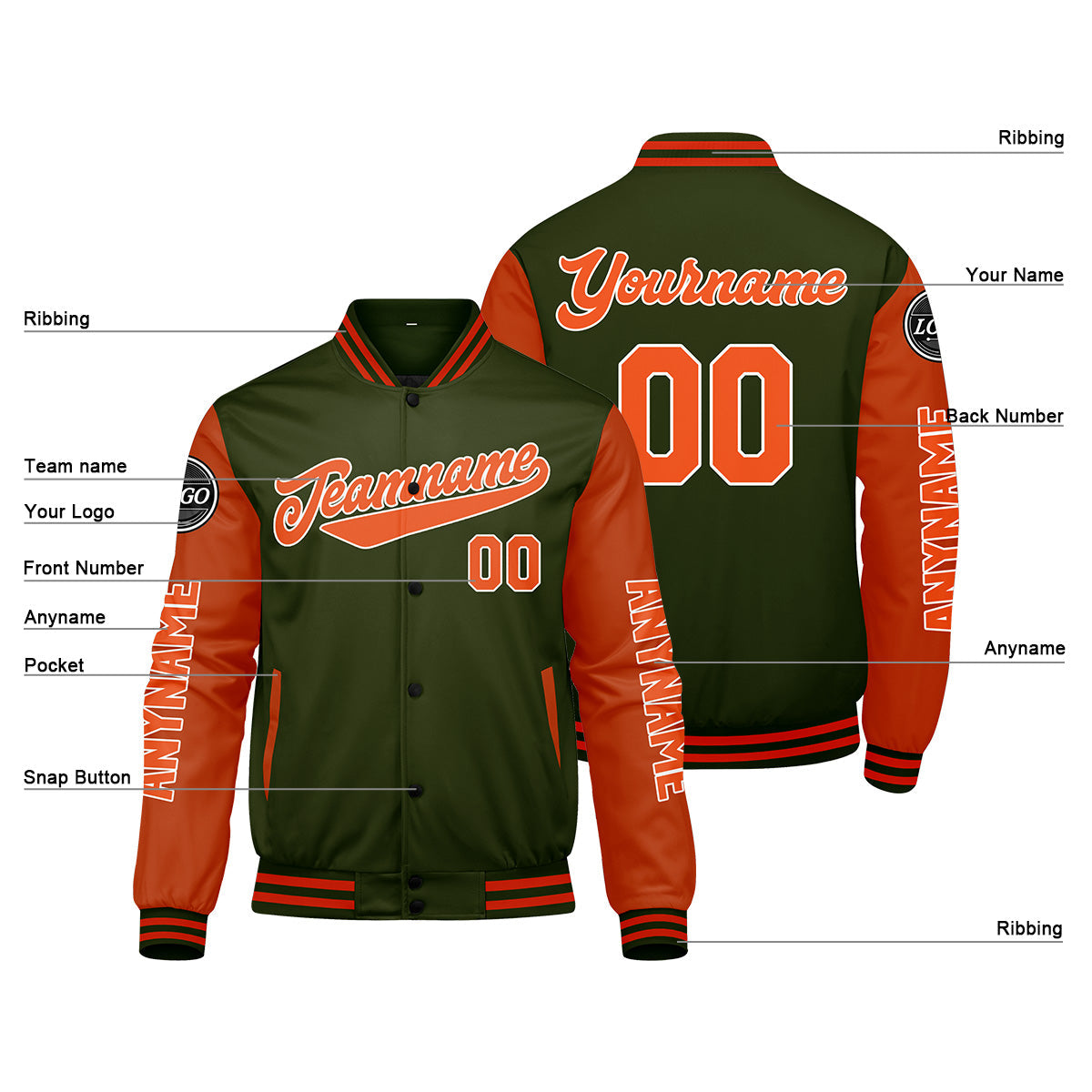 Chaquetas universitarias personalizadas de color verde oliva y naranja para hombres & mujeres y jóvenes & Chaquetas tipo Letterman personalizadas