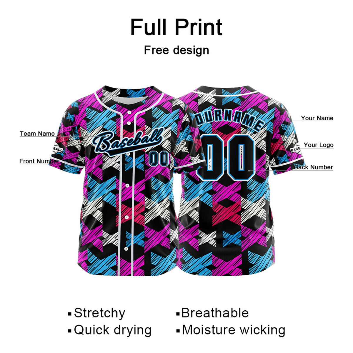 Camiseta de béisbol personalizada negra y rosa con botones para hombre mujer adulto y joven Estampado de nombre número y logotipo
