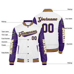 Chaquetas universitarias personalizadas en morado & blanco y amarillo para hombres & mujeres y jóvenes & Chaquetas tipo Letterman personalizadas