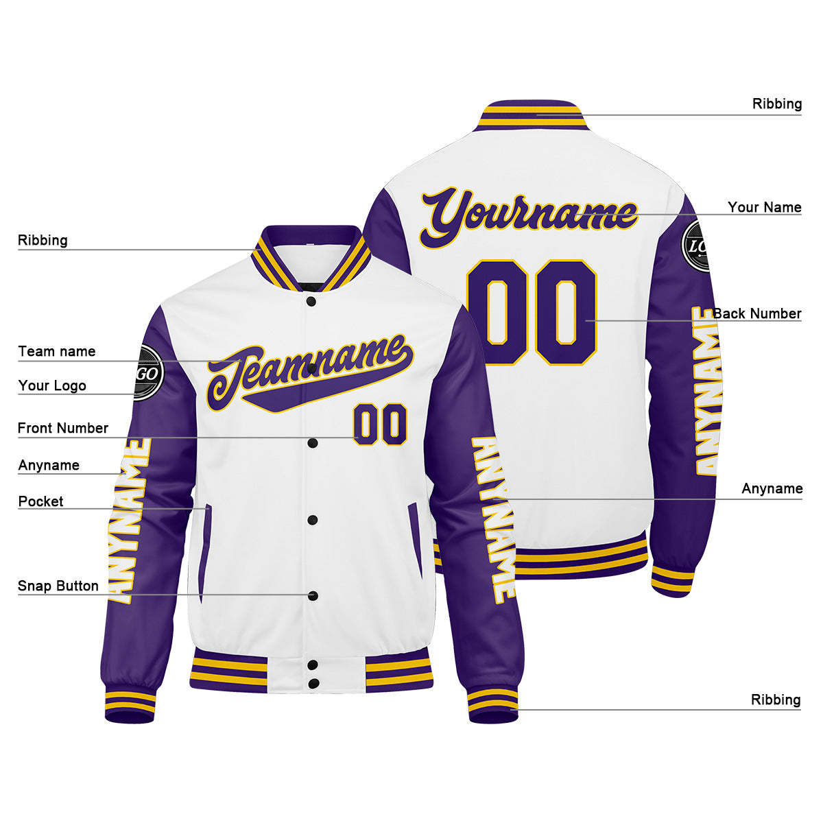 Chaquetas universitarias personalizadas en morado & blanco y amarillo para hombres & mujeres y jóvenes & Chaquetas tipo Letterman personalizadas