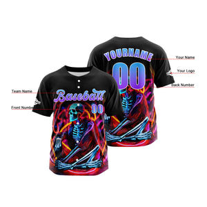 Camiseta de béisbol personalizada negra y morada con botones para hombre mujer adulto y joven con nombre número y logotipo impresos